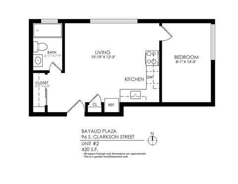 Floor plan for 1 bed, 1 bath, 635 sqft